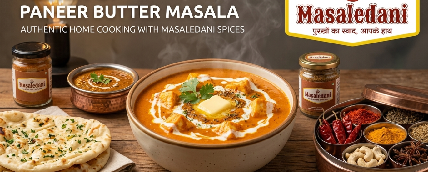 A bowl of creamy Paneer Butter Masala served with butter naan and a Masaledani brand spice jar on a wooden table.