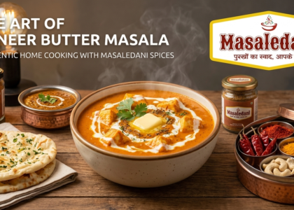 A bowl of creamy Paneer Butter Masala served with butter naan and a Masaledani brand spice jar on a wooden table.